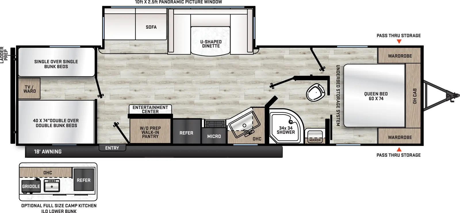 The Catalina Summit Series 8 281QBUNK floorplan has one entry and one slide out. Exterior features include: metal exterior, 18' awning and outside kitchen. Interiors features include: bunk beds, u-dinette and front bedroom.